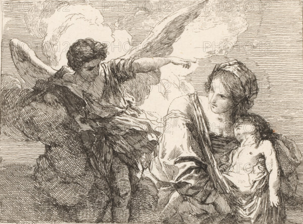 The angel appears to Hagar and Ishmael in the desert, print, printmaker: Charles François Hutin, Paris, c. 1750 - c. 1775, paper, etching, height 116 mm x width 151 mm, an angel appears and reveals a well of water to Hagar, A detailed pen-and-ink scene shows three figures against a background of crosshatched sky and billowing clouds. On the left, a winged figure with curly hair leans forward, one arm extended toward the center, wearing draped, textured garments and large feathered wings. In the center, a seated figure with soft facial features looks toward the left figure, wrapped in flowing cloth with a visible shoulder and arm. On the right, a smaller, reclining figure rests against the central figure, head tilted back and eyes closed, with loose hair and a partially exposed torso; all figures are rendered with fine lines and dense hatching to create shading and form.