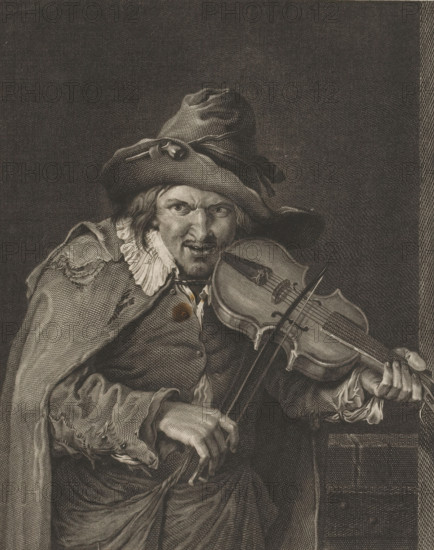Violinist, Le Joueur de Violon, print, printmaker: Jean Baptiste Fosseyeux, after painting by Christian Wilhelm Ernst Dietrich, dedicated by: widow Pierre-Michel Avaulez, dedicated to: Karl Anton Hyacinth von Gallean, 1777 - 1778, paper, etching, height 249 mm x width 192 mm, armorial bearing, heraldry, violin, fiddle, A monochrome engraving of a man wearing a floppy, creased hat with a ribbon and a button, a ruffled collar, and a worn cloak with visible tears, shown from the waist up while holding a violin under his chin and a bow in his hand; his face is detailed with a furrowed brow, wide eyes, a mustache, and a small beard, and his hands show pronounced veins and knuckles as he grips the instrument and bow; the violin has visible strings, f-holes, and a chinrest, and a small piece of damaged wood on its body; the background is a textured dark field with a narrow patterned border along the right edge.