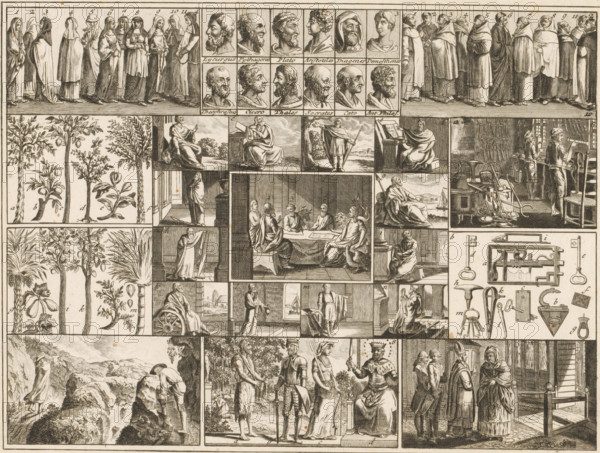 Sheet with various encyclopedic illustrations, Encyclopedic illustrations for youth, Bilder-Akademie für die Jugend, print, In the center, the four evangelists at a table. Surrounding various other illustrations, including a smithy, locks and keys, trees, and portraits of classical philosophers. The various illustrations are marked with a number or letter. Numbered bottom center: 50., printmaker: Johann Georg Penzel, Germany, 1784, paper, etching, stippelwerk, engraving, height 208 mm x width 278 mm, Print is part of a series of encyclopedic prints by various artists, published by Johann Sigmund Stoy's 'Bilder-Akademie für die Jugend' in Nuremberg in 1784. The prints were intended for children to cut out, paste onto cards, and then arrange in a logical manner, see also Te Heesen, 1997., smith, blacksmith, key, the four evangelists together (author portraits), monks and nuns, scholar, philosopher (portrait of scholar, scientist), botany, A large engraved sheet composed of many small rec...