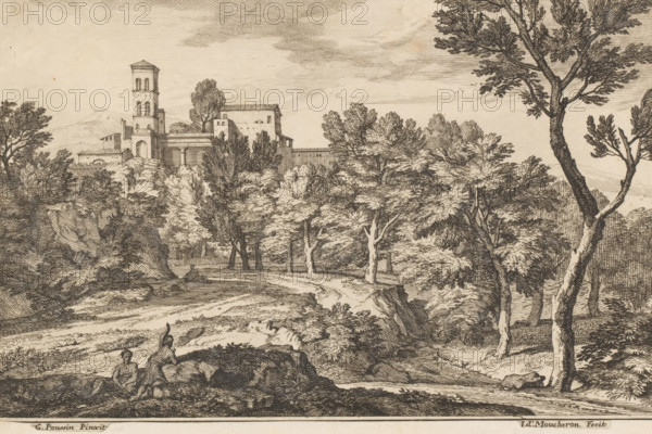 Landscape with trees and a tower, Arcadian landscapes, print, : '86', printmaker: Isaac de Moucheron, Amsterdam, after painting by Gaspard Dughet, Rome, 1697 - 1744, paper, etching, height 160 mm x width 244 mm, pastorals, Arcadian scenes, trees, tower, clock tower, monumental adornment, landscapes in the temperate zone - HH - ideal landscapes (landscape with figures, staffage), A sepia-toned landscape etching showing a winding dirt path bordered by rocks and low vegetation, with a cluster of trees of varying heights and dense foliage occupying much of the middle ground; a tall tree with a textured trunk stands prominently on the right, its branches and leaves extending toward the top edge. In the left and center background a multi-level building with a rectangular tower and arched openings sits partially obscured by trees and shrubs, and low hills rise behind it under a sky filled with fine horizontal and curving hatch marks suggesting clouds. In the foreground two seated figures rest...