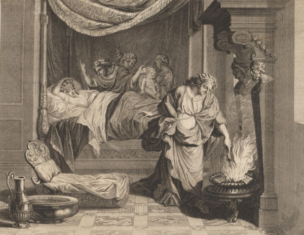 Birth of Meleager, print, Interior with three Fates at the birthing bed of Althaea, the mother of Meleager. At the birth of Meleager, the Fates decreed that he would die when a certain log was consumed in the fire. On the right, the log in question is being removed from the fire., : '60', inscription: 'Allert', printmaker: Jacob Folkema, Northern Netherlands, after painting by Charles Le Brun, c. 1714 - c. 1720, paper, etching, engraving, height 188 mm x width 246 mm, 1714, birth of Meleager: Althaea, his mother, warned by a prediction of the Fates, snatches a brand from the fire, A monochrome engraved scene showing a bed with heavy drapery and a reclining figure covered in blankets, surrounded by three standing figures including one holding a small child and another raising an arm, while a central robed woman leans forward toward a brazier with tall flames; ornate architectural elements and carved busts flank the right side, and a low cushioned chair, a basin, and a pitcher sit on the...