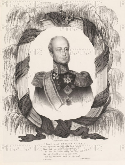 Portrait of William II, King of the Netherlands, print, Portrait of William II in an oval with weeping willow branches and mourning veil. A crown at the top center. Below the portrait, a six-line Dutch verse., inscription: 'Reeds bij Oranjeportretten Gm', inscription: 'Died Tilburg, 17 March 1849.', number: '7189', printmaker, writer (clerical worker), printer (person), Netherlands, The Hague, paper, chine collé, lithography, lithografie, height 367 mm x width 273 mm, Person, William II of the Netherlands, historical persons, king, (military) uniforms, A detailed monochrome portrait of a man shown from the chest up wearing a decorated military uniform with ornate epaulettes and a high collar, adorned with several star-shaped medals and a sash across his chest; his hair is short and he has sideburns, and his expression is calm with his gaze directed slightly to the side. The portrait is set within a large oval frame wrapped with draped fabric that has visible folds and shading, and the ...