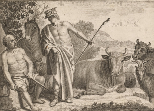 Mercury and Battus, Metamorphoses by Ovid, print, inscription: 'Ovide, Traduction du Ryer, Bruxelles 1670, n. 67', printmaker: Crispijn van de Passe (II), after design by Claes Moeyaert, 1630 - 1702, paper, engraving, etching, height 165 mm x width 225 mm, Print possibly used in: Les Metamorphoses d'Ovide en latin et françois, Translated by Pierre de Ryer. Brussels: François Foppens, 1677. Or in the 1702 edition. The series was started in the De Passes' studio but never completed during their lifetime, see Van der Waals, 1988, Battus is bribed with a heifer as hush-money., A classical engraving shows a partially clothed standing male figure wearing a hat with winged decoration and draped fabric, holding a long curved staff and looking toward a seated older male figure who is also partially clothed and holding a staff. Surrounding them are several animals including a horse behind the standing figure, a reclining cow in the foreground, another cow with visible horns to the right, and a g...