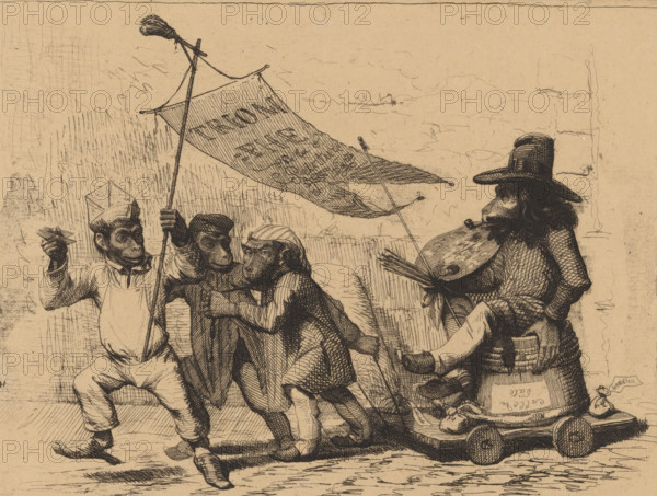 Triomphe de la peinture, Satire op de schilderkunst (Triumph of painting), print, Three dressed monkeys are pulling a cart on which another monkey is sitting, holding a palette, a stick, and brushes, with a pipe in his mouth and a hat on his head. The leading monkey carries a banner with the inscription: Triomphe de la peinture. The target of the satirical depiction is the bohemian painter and possibly also realistic French painting. The appearance and attire of the painter depicted as a monkey are reminiscent of that of the painter Gustave Courbet., France, c. 1850 - c. 1870, printmaker, materials by function, paper, ink, etching, soft-ground etching, etching on Chine-volant, height 125 mm x width 160 mm, monkeys, apes, chariot, triumphal car, parody on art, caricature of painting, A pen-and-ink drawing on aged paper showing four anthropomorphic monkeys in clothing arranged across the scene; three smaller figures on the left wear varied garments and carry a large flag on a pole, one i...