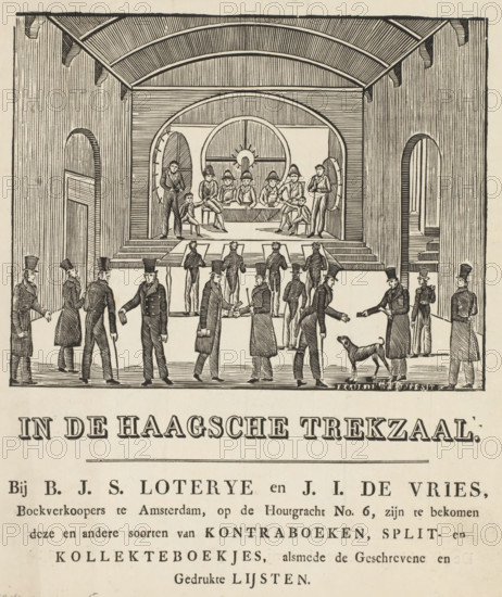 Portrait of Johann Georg Heinrich Hassel, print, 1810 - 1840, printmaker, paper, etching, height 228 mm x width 137 mm, Person, Johann Georg Heinrich Hassel, historical persons, A black and white engraved scene of an interior hall with a vaulted ceiling and large archways showing a raised platform where seated men wearing hats face forward while a few standing figures flank them, rows of vertical wall paneling, people in long coats and top hats standing and walking in the foreground, some holding papers or walking sticks, a dog near one figure, and simple staircases and doorways visible at the sides.