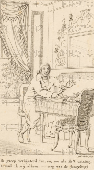 Man sitting at a table with a doll in his hand, print, book illustration, With two-line caption in Dutch., printmaker: Jacob Ernst Marcus, after design by Jacob Smies, 1808, paper, etching, height 220 mm x width 131 mm, Print probably from: Fokke Simonsz., Arend. Dorus or the Child Prodigy, a nosocomical intellectual fruit, Amsterdam: Johannes van der Hey, 1808. Later state used in publication from 1832., communal rooms, table, dolls for adults, arm stretched forward, A man wearing a long coat and cravat sits at a table covered with a fringed cloth, one arm extended and the other holding a small object; the table holds dishes and a pitcher and is flanked by two carved chairs with woven seats and backs. Behind him a draped curtain with tassels partially covers a window showing foliage outside, and an ornate wall panel with scrollwork and small decorative urns and figures rises beside a doorway. The room shows molded wall trim and a patterned floor beneath the furniture.