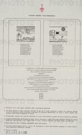 Prospectus for: Dante Alighieri, Le rime per la donna Pietra, 1965, photomechanical print, prospectus, Prospectus of a single sheet, with two sample pages (reduced) shown, as well as detailed publication data., watermark: 'G. Amatruda, Amalfi', cliché maker: anonymous, after print by Francesco Arduini, printer (person): Stamperia Valdonega, Verona, publisher: Le Rame, Amsterdam, Francesco Arduini, after print by, writer (clerical worker), printer (person), paper, printing block, letterpress printing, height 337 mm x width 214 mm, Prospectus for: Dante Alighieri. Le time per la donna Pietra. Verona: Le Rame, 1965., print, eg: engraving, etching, lithograph, printed matter, A vertically oriented printed page with a rounded rectangular border containing two framed rectangular illustrations side by side near the top, each with a simple black line drawing of reclining figures and decorative patterns above blocks of small printed lines; a red stylized emblem is centered above the frames near...