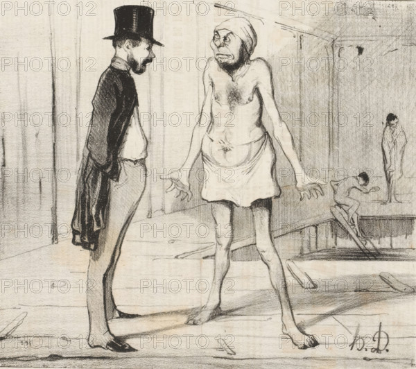 Man in swimming trunks speaks to a dressed man, Une profession du foi, Bathing men, Les baigneurs, cartoon, print, Series number, 23, 30, printmaker: Honoré Daumier, printer (person): Aubert & Cie., Paris, 1842-09-23, printer (person), paper, lithography, letterpress printing, height 236 mm x width 278 mm, A monochrome pencil drawing showing a tall man in a dark coat and top hat facing a nearly naked figure wearing a head covering and a short apron, the nearly naked figure standing with arms outstretched and an exaggerated facial expression, both standing on a wooden floor. In the background a small figure is crouched on a ledge reaching toward the floor while another stands wrapped in a cloth near a wall with vertical panels. The scene includes visible floorboards, some scattered small objects on the floor, and textured shading across the walls and figures.