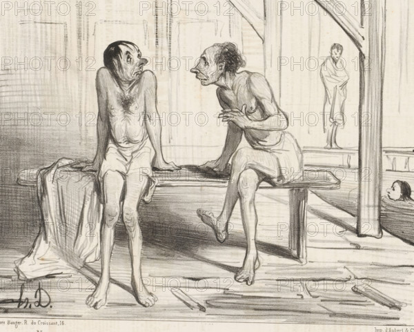 Two men on a bench in the swimming pool, Les baigneurs, Men bathing, cartoon, print, Series number, 16, 30, printmaker: Honoré Daumier, printer (person): Aubert & Cie., Paris, publisher: Bauger, 1840-08-30, printer (person), paper, lithography, letterpress printing, height 244 mm x width 290 mm, Two thin, seated figures on a wooden bench face each other with hunched shoulders and expressive, gaunt faces; both wear minimal cloth wraps and have visible ribbing and muscle detail. The figure on the left sits with hands resting on the bench beside them, legs extended downward, and an anxious upward gaze. The figure on the right leans forward with one hand on the bench and the other raised near the chest, one leg bent with foot resting on the bench edge and the other leg hanging down with toes pointed. Behind them, a standing figure wrapped in a long garment is positioned near a vertical support beam and an arched structural element, while a small head appears above a lower platform at the r...