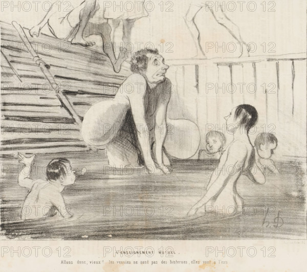 Man with swimming rings is afraid to enter the water, L'enseignement mutuel, Les Baigneurs, Bathing men, cartoon, print, Series number, 29, 30, printmaker: Honoré Daumier, printer (person): Aubert & Cie., Paris, 1842-08-29, Honoré Daumier, Aubert & Cie., printmaker, printer (person), paper, lithography, letterpress printing, height 236 mm x width 292 mm, A charcoal or pencil sketch shows several partially submerged figures in water near a wooden structure with planks and a ladder; a central man with a rounded back and exaggerated facial features leans forward on his hands, looking upward with a worried expression, while other figures, including children with wet hair and simplified faces, sit or wade nearby; at the top edge a pair of legs and bare feet stand on the wooden surface, and another set of legs walks along a beam; the scene is rendered in soft shading and linear marks, with visible wood grain, rippling water, and a light background.