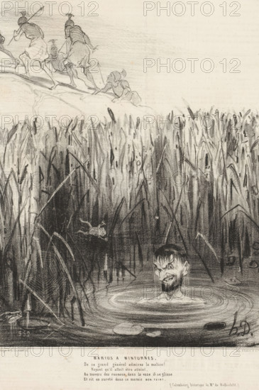 Marius a Minturnes, Marius hides in a swamp from Roman soldiers, Caricatures of ancient figures, Histoire ancienne, cartoon, print, Series number, 21, 50, printmaker: Honoré Daumier, printer (person): Aubert & Cie., Paris, publisher: Bauger, 1842-08-25, printer (person), paper, lithography, letterpress printing, height 325 mm x width 216 mm, A charcoal-style drawing showing tall reeds and marsh vegetation in the foreground with a man’s head emerging from water among ripples, his hair and beard wet and strands of water falling from his face, a frog leaping above the dark water, and in the background a sloping bank where several armed figures in classical helmets and tunics climb up and move away, one figure crouching and looking back.