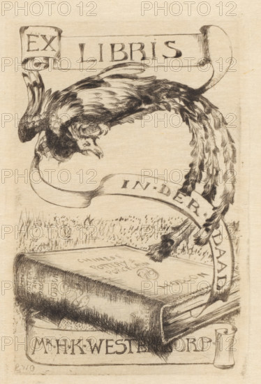 Ex Libris of Herman Karel Westendorp, bookplate, Ex libris of jurist and collector Herman Karel Westendorp, with a bird, a banner with the motto 'in. der. daad.' and the famous standard work by RL Hobson, Chinese pottery & Porcelain., printmaker: Betsy Westendorp-Osieck, Amsterdam, 1900 - 1941, paper, etching, drypoint, etching and drypoint, height 94 mm x width 65 mm, Person, Herman Karel Westendorp, birds, book, ex-libris, A detailed ink drawing of a bird with ruffled feathers perched above a stack of books, the bird shown in profile with its head turned downward and long, flowing tail feathers cascading beside the books; a ribbon-like banner weaves around the composition above and below the bird, curving and folding with visible shading; the books display textured covers and visible page edges, and the top book rests slightly askew on the one beneath; the background shows a faint suggestion of grass behind the stack, and the overall image is rendered on a warm-toned paper with fine ...