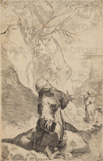 Stigmatization of Saint Francis, print, Saint Francis kneeling by a tree, arms outstretched, his gaze fixed on a crucifix above him in the sky. In the background a brother seen from behind, reading while walking towards a church., printmaker: Federico Barocci, Urbino, 1581 - 1585, Marche, paper, etching, engraving, stipple work, drypoint, height 231 mm x width 147 mm, stigmatization of St. Francis of Assisi: in retreat on Mount Alverna, he holds a vision of Christ on the cross enveloped by wings (like a seraph with six wings), rays passing down to the body of the kneeling saint form the marks of the five wounds of Christ, A monochrome ink drawing shows a robed figure kneeling on a rocky slope with arms outstretched and head tilted upward, the robe rendered with dense crosshatching and folds. In the background a second robed figure stands among trees or bushes, holding something close to their face. A large gnarled tree with exposed branches fills the upper center, its trunk and roots i...