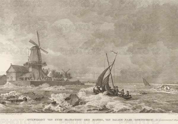 Lodewijk Napoleon sails from Dalem to Gorinchem, 1809, Crossing of His Majesty the King, from Dalem to Gorinchem. (in January 1809.), Plates and maps belonging to the historical report of the Dike Breaches and Floods, in January 1809, Prints and maps belonging to the historical report of the floods in South Holland and Gelderland in January 1809, print, Stated at the bottom right: Proof print., printmaker: Reinier Vinkeles (I), Amsterdam, after drawing by Cornelis van Hardenbergh, Netherlands, publisher: Johannes Allart, publisher: Jacobus Ruys, paper, etching, engraving, height 250 mm x width 337 mm, Print also used to illustrate: Hendrik Ewijk. Historical account of the dike breaches and floods along the rivers in the Kingdom of Holland, occurred in January 1809. 3 vols. Amsterdam: Johannes Allart and Jacobus Ruys, 1809., Person, Louis Napoleon (King of Holland), sailing-ship, sailing-boat, windmill, dike-break, Flood of 1809, Gorinchem, Dalem, Period, 1809-01, A seascape scene rende...