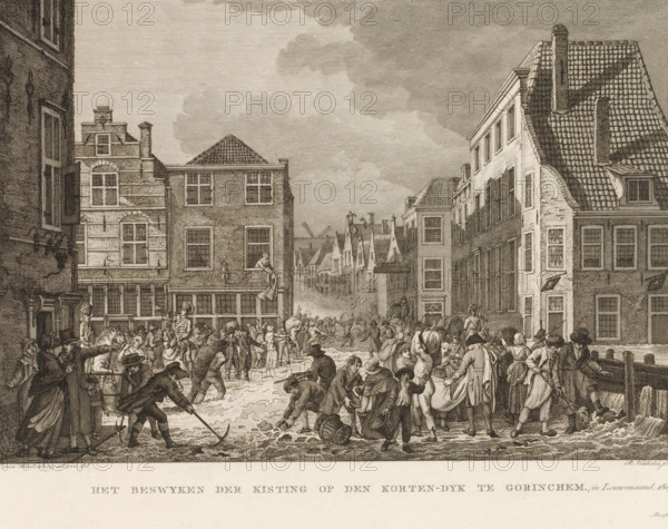 The Beswyken der kisting on the Korten-dyk in Gorinchem. (in January 1809.), Flood at Gorinchem, 1809, Prints and maps accompanying the historical account of the floods in South Holland and Gelderland in January 1809, Plates and maps belonging to the historical account of the Dike Breaches and Floods, in January MDCCCIX, print, Stated at the bottom right: Proof print., printmaker: Reinier Vinkeles (I), Amsterdam, after drawing by Cornelis van Hardenbergh, Netherlands, publisher: Johannes Allart, publisher: Jacobus Ruys, paper, etching, engraving, height 250 mm x width 340 mm, Print also used to illustrate: Hendrik Ewijk. Historical account of the dike breaches and floods along the rivers in the Kingdom of Holland, which occurred in January 1809. 3 vols. Amsterdam: Johannes Allart and Jacobus Ruys, 1809., city-view, and landscape with man-made constructions, dike-break, Flood of 1809, Gorinchem, Period, 1809-01, A detailed sepia-toned engraving of a busy street scene framed by tall bric...
