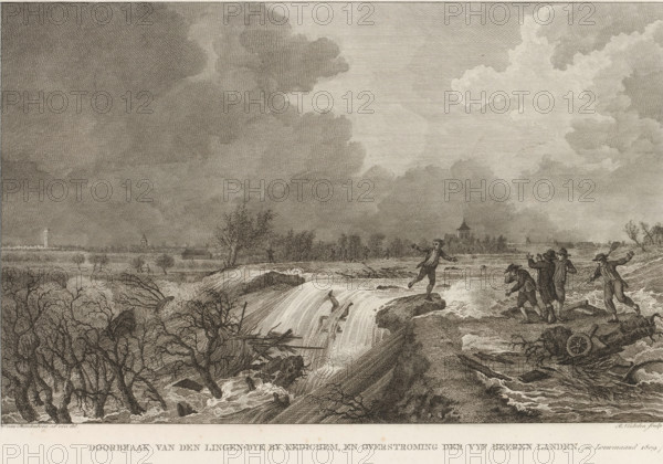 Dike breach at Kedichem, 1809, Breach of the Lingen dike by Kedichem, and flooding of the Five Lords' Lands. (in January 1809.), Prints and maps accompanying the historical account of the floods in South Holland and Gelderland in January 1809, Plates and maps belonging to the historical account of the Dike Breaches and Floods, in January MDCCCIX, print, Stated at the bottom right: Proof print., printmaker: Reinier Vinkeles (I), Amsterdam, after drawing by Cornelis van Hardenbergh, Kedichem, publisher: Johannes Allart, publisher: Jacobus Ruys, Reinier Vinkeles (I), Cornelis van Hardenbergh, Johannes Allart, Jacobus Ruys, printmaker, after drawing by, publisher, paper, etching, engraving, height 254 mm x width 342 mm, Print also used to illustrate: Hendrik Ewijk. Historical account of the dike breaches and floods along the rivers in the Kingdom of Holland, occurred in January 1809. 3 vols. Amsterdam: Johannes Allart and Jacobus Ruys, 1809., dike-break, death by drowning (non-violent), Fl...