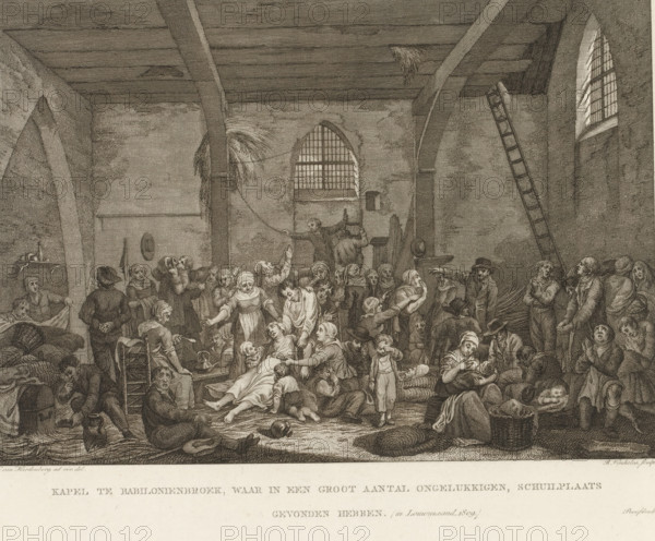 Shelter for victims in Babyloniënbroek, 1809, Chapel in Babyloniënbroek, where a large number of unfortunates found shelter (in January, 1809.), Prints and maps accompanying the historical report of the floods in South Holland and Gelderland in January 1809, Plates and maps accompanying the historical report of the Dike Breaches and Floods, in January MDCCCIX, print, Stated at the bottom right: Proof print., printmaker: Reinier Vinkeles (I), Amsterdam, after drawing by Cornelis van Hardenbergh, Babyloniënbroek, publisher: Johannes Allart, publisher: Jacobus Ruys, paper, Etching, engraving, height 252 mm x width 343 mm, Print also used to illustrate: Hendrik Ewijk. Historical report of the dike breaches and floods along the rivers in the Kingdom of Holland, occurred in January 1809. 3 vols. Amsterdam: Johannes Allart and Jacobus Ruys, 1809., interior of church, rescue work during a flood, Flood of 1809, Period 1809-01, A large interior space with a high wooden ceiling supported by beams...