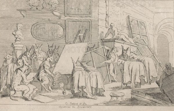 Art connoisseurs and dealers presented as donkeys, Assemblée de Brocanteurs, print, A satire on the art business in which art connoisseurs and dealers who assess paintings are presented as donkeys. After the drawing by Trémolières in the Hessisches Landes Museum in Darmstadt., printmaker: Anne Claude Philippe Caylus, Paris, after drawing by Pierre Charles Trémolière, c. 1750 - c. 1765, paper, etching, height 148 mm x width 229 mm, ass, donkey, art dealer, parody on art, A detailed line drawing of an interior filled with animals and objects, showing many figures with long ears and snouts seated and standing around tables and easels, some wearing draped cloths over their shoulders and backs; a large central blank rectangular panel or canvas is propped on an easel, surrounded by framed panels and stacked wooden frames leaning against walls; a statue bust on a pedestal appears on the left wall beneath a shelf holding small sculptural forms, and an oval framed picture hangs nearby; a reclin...