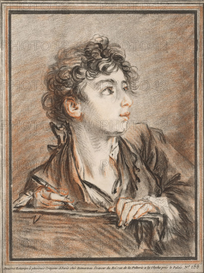 The young draftsman, print, A young draftsman looks out of frame to the right. His left hand rests on a folder and in his right hand he holds a chalk holder., printmaker: Gilles Demarteau, Paris, after drawing by François Boucher, c. 1750 - c. 1775, paper, etching, etching in crayon style printed in red and black, height 207 mm x width 154 mm, drawing-lesson, draughtsman at work, A detailed drawing of a young person shown from the chest up, turned in profile to the right, with curly hair rendered in dark and reddish tones, light skin shading, and wide eyes looking upward; the figure wears loose layered clothing with visible folds and holds a slender tool in one hand while the other hand grips the edge of a surface; the background is textured with soft shading and the composition is enclosed by a decorative double-lined border.