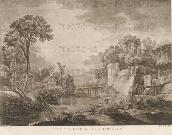 Landscape with wooden bridge over a river near Charenton, Ire Vue des Environs de Charenton, print, printmaker: Angélique Moitte, after painting by Aignan Thomas Desfriches, 1750 - 1799, paper, etching, height 222 mm x width 277 mm, rowing-boat, canoe, river, bridge, landscapes in the temperate zone (landscape with figures, staffage), Charenton-du-Cher, A sepia-toned etched landscape shows a river scene with tall leafy trees on both banks, a wooden bridge crossing the water, rustic buildings and thatched roofs near the left bank, and a stone structure partially overgrown on the right. Small boats float on the river with figures seated inside one boat and another figure standing at the water's edge holding a long pole. Rocky banks, wooden fences, and dense foliage occupy the foreground and middle distance while a wide, textured sky fills the upper portion of the image.