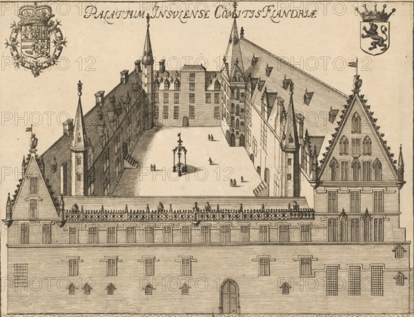 View of the palace of the Count of Flanders near Lille, Palatium Insulense Comitis Flandriae, print, book illustration, printmaker: attributed to Lucas Vorsterman (II), Antwerp, 1659, Attributed to, paper, etching, engraving, height 180 mm x width 235 mm, Print probably from: Sanderus, Antonius. Chorographia sacra Brabantiae. Brussels: Philips Vleugaert, 1659., armorial bearing, heraldry, palace, inner court of palace or 'hôtel', Lille, An architectural engraving showing a large rectangular courtyard surrounded by multi-story buildings with steep gabled roofs, pointed turrets, chimneys, and rows of rectangular windows, with decorative roof finials and flagpoles atop some gables; a central ornate well or fountain with a tall decorative canopy stands in the middle of the courtyard, and small groups of tiny human figures are scattered around it; the foreground shows a long facade with evenly spaced windows and a central arched doorway, while the upper corners contain two heraldic shields ...