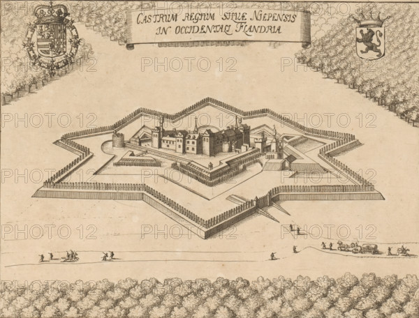 View of the palace of the Count of Flanders near Bruges, Palatium Brugense Comitis Flandriae, print, book illustration, printmaker: attributed to Lucas Vorsterman (II), Antwerp, 1659, Attributed to, paper, etching, height 179 mm x width 236 mm, Print probably from: Sanderus, Antonius. Chorographia sacra Brabantiae. Brussels: Philips Vleugaert, 1659., armorial bearing, heraldry, palace, inner court of palace or 'hôtel', Bruges, An engraved bird's-eye view of a star-shaped fortification with angular outer earthworks and palisade lines enclosing an inner complex of buildings including towers, crenellated walls, pitched roofs, and a central cross-topped steeple, surrounded by areas of patterned earth and pathways; clusters of small human figures are depicted outside the fort engaged in various actions and near a horse-drawn wagon, and a dense forested area with stylized trees frames the scene at the top and bottom, while heraldic shields with emblems appear near the upper corners and a dec...