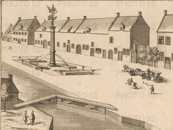 Village street with fountain with the Archangel Michael, print, book illustration, A canal with a sluice runs through the street., printmaker: attributed to Lucas Vorsterman (II), Antwerp, 1659, Attributed to, paper, etching, engraving, height 180 mm x width 237 mm, Print probably from: Sanderus, Antonius. Chorographia sacra Brabantiae. Brussels: Philips Vleugaert, 1659., public road in village, ornamental fountain (in village), canals, waters (in village), sluice, weir, the Archangel Michael (often in armour with sword or lance), A wide street scene rendered in fine linework showing a row of tall gabled buildings with pitched roofs and small windows, a central column topped with a winged figure and decorative elements standing in a rectangular fountain area with curved water jets, a carriage drawn by horses with a driver and a mounted rider nearby, a few pedestrians including two figures walking by a canal with a stepped bridge, a cluster of trees next to one building, and detailed ar...