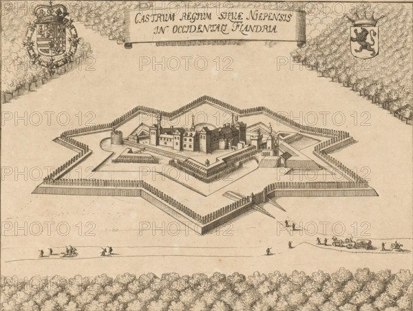 Burcht ter Walle in the Niepebos, Castrum Regium Silvae Niepensis in Occidentali Flandria, print, book illustration, printmaker: attributed to Lucas Vorsterman (II), Antwerp, 1659, Attributed to, paper, etching, height 180 mm x width 235 mm, Print probably from: Sanderus, Antonius. Chorographia sacra Brabantiae. Brussels: Philips Vleugaert, 1659., armorial bearing, heraldry, castle, fortress, French Flanders, A bird's-eye view drawing of a star-shaped fort with pointed bastions and palisade walls surrounding a central cluster of buildings including towers, pitched roofs, turrets, and a small church spire, set within cleared ground; decorative leafy trees frame the top and bottom edges; heraldic crests appear near the upper corners, one with a crown and ornate shield and the other showing a crowned shield with a lion; small groups of tiny human figures and a horse-drawn wagon are visible on the plain outside the fort; a rolled banner is drawn near the top center.