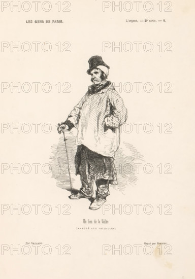 Un lion de la Vallée (marché aux Volailles), Standing man with hat and walking stick, People from Paris, Les gens de Paris, print, book illustration, Top right: L'argent. - 2nd series. - 4., printmaker: Georges Rouget, France, after design by Paul Gavarni, 1846, Georges Rouget, Paul Gavarni, printmaker, after design by, paper, wood engraving, letterpress printing, with text in letterpress, height 275 mm x width 196 mm, Print probably from: Sand, George. Le diable à Paris: Paris et les Parisiens, Paris: J. Hetzel, 1846., head-gear: hat, walking-stick, staff, Paris, A monochrome ink drawing of a standing figure wearing a loose coat, layered skirt, and boots, holding a thin cane in one hand while the other hand rests in a pocket; the figure has a hat and a scarf, a mustache, and a somber facial expression, with crosshatched shading around the clothing and ground and large areas of blank paper surrounding the figure.