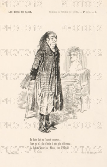 Poet standing in interior with papers in his hand, People from Paris, Les gens de Paris, print, book illustration, Top right: Hommes et Femmes de plume. - 2nd series. - 6. With three-line verse in French, printmaker: Félix Leblanc, France, after design by Paul Gavarni, 1846, paper, wood engraving, letterpress printing, with text in letterpress, height 276 mm x width 196 mm, Print probably from: Sand, George. Le diable à Paris: Paris et les Parisiens, Paris: J. Hetzel, 1846., book, writer, poet, author, Fame, 'poeta laureatus', A black ink drawing on a light background showing a tall man standing in profile with long hair and a long overcoat, hands behind his back, holding a folded item, and wearing boots; he faces a seated bust-like female figure on an ornate chair or pedestal, the woman shown with a wreath on her head and a book resting on her lap; the scene includes sketched lines suggesting floor texture and furniture legs, and printed headings and small blocks of text appear above ...