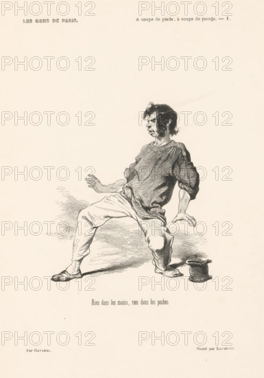 Rien dans les mains, rien dans les poches, Man with hat next to him bends backwards, People from Paris, Les gens de Paris, print, book illustration, Top right: A coups de pieds, à coups de poings. - 1., printmaker: Jacques Eugène Adrien Lavieille, France, after design by Paul Gavarni, 1846, paper, wood engraving, letterpress printing, with letterpress text, height 273 mm x width 192 mm, Print probably from: Sand, George. Le diable à Paris: Paris et les Parisiens, Paris: J. Hetzel, 1846., the poor, leaning backward, A pen-and-ink drawing of a thin, disheveled man seated with a surprised or tense expression, his hair unkempt and his face turned to the side; he wears a loose, wrinkled shirt with rolled sleeves and baggy trousers tucked into simple footwear, one hand extended outward and the other resting near his hip, and a small hat lies on the ground beside him.