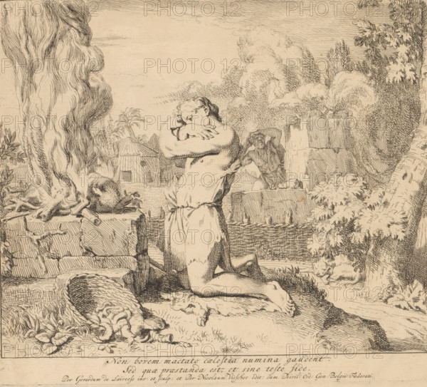 Sacrifice of Cain and Abel, Scenes from Genesis, print, Series number 4, 7, Cain and Abel kneeling before their altar of sacrifice. In the foreground, Abel's sacrifice is approved by God: the smoke rises upwards. In the background, Cain's sacrifice is disapproved: the smoke falls downwards. With a two-line caption in Latin. Numbered 4. in the lower right, printmaker: Gerard de Lairesse, publisher: Nicolaes Visscher (I), Amsterdam, grantor of privilege: States General, c. 1665, paper, etching, height 220 mm x width 250 mm, the sacrifice of Cain and Abel: Abel offers a lamb, Cain usually a sheaf of corn, A detailed pen-and-ink scene shows a central kneeling male figure with bare torso and a cloth around his waist, his arms crossed over his chest and his head bowed; behind him a partially clothed figure leans on a stone structure with an arm raised to the head; the foreground contains a large reclining animal carcass and scattered bones and hides on a textured ground; the midground featur...