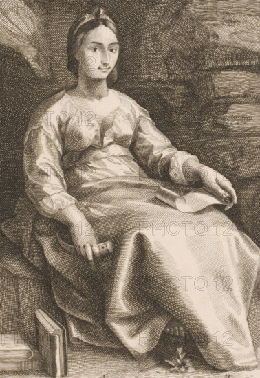 Melpomene, print, A seated woman with a flute in her right hand and a roll of paper on her lap. Next to her lie three books and in front of her lies a flower. Numbered at the bottom center: 3., signature and date: 'J Kuyper 1 May 1861', printmaker: J. Kuyper (printmaker) (signed by artist), after print by Hendrick Goltzius, 1861-05-01, Hendrick Goltzius, after print by, paper, engraving, etching, stippelwerk, height 265 mm x width 216 mm, 'Melpomene' (Ripa), A seated woman rendered in a detailed engraved style wearing a long, flowing dress with puffed sleeves and a fitted bodice, her hair pulled back and topped with a small knot, gazing forward with a calm expression. She holds a rolled scroll in one hand and rests the other hand on her lap, where another partially unfurled scroll lies. Draped fabric surrounds her and forms deep folds across her skirt and around her shoulders. Textured crosshatching fills the background and shading across the figure, and a closed book sits near the bas...