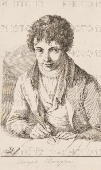 Self-portrait as a draftsman, print, Self-portrait of the artist Joseph Bergler sitting at a table while looking in the mirror and drawing himself., stamp:, inscription: 'Joseph Bergler', printmaker: Joseph Bergler (II), Prague, 1802, paper, etching, height 198 mm x width 128 mm, Person, historical persons, portrait, self-portrait of artist, self-portrait of draughtsman, draughtsman at work, A sepia-toned ink drawing of a young person with curly hair shown from the torso up, looking downward while seated at a table, wearing a collared coat and a high-necked garment underneath, with one hand holding a slender implement and the other resting on the table near a circular mark, crosshatched shading defining facial features, clothing folds, and the background, and a small rectangular object placed on the table near the lower corner.