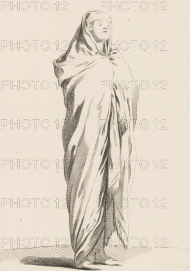 Standing figure with draped cloak, Collection of various dramatized poses, Recueil de Differentes charges Dessignée a Rome par Carloo Vanloo Peintre du Roy, print, Series number, 3, 12, Standing slender beardless figure with draped cloak held closed with hands in front of the chest. Numbered top right: 3. Part of a series of twelve prints with figures in dramatized poses, often dressed in 'Oriental' fantasy costumes, after drawings by Carle van Loo, made during his stay in Rome (1728-1732)., printmaker: Jacques-Philippe Le Bas, Paris, after drawing by Carle van Loo, Rome, publisher: Jacques Gabriel Huquier, grantor of privilege: French crown, 1732 - 1740, provider of privilege, paper, etching, height 235 mm x width 165 mm, actor (on the stage), passions, emotions, affections, characters (human types), Asiatic races and peoples (costume), A tall figure draped head to toe in a long flowing cloak, the cloak forming deep folds and shaded areas, with a covered head and a visible face showin...