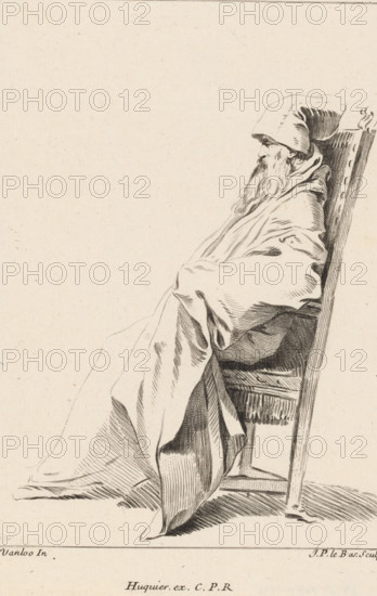 Seated figure, to the left, Collection of various dramatized poses, Recueil de Differentes charges Designée a Rome by Carloo Vanloo Peintre du Roy, print, Series number, 6, 12, Man with long beard, headdress and long robe, sitting in a chair, to the left. Numbered top right: 6. Part of a series of twelve prints with figures in dramatized poses, often dressed in 'Oriental' fantasy costumes, after drawings by Carle van Loo, made during his stay in Rome (1728-1732)., printmaker: Jacques-Philippe Le Bas, Paris, after drawing by Carle van Loo, Rome, publisher: Jacques Gabriel Huquier, grantor of privilege: French crown, 1732 - 1740, provider of privilege, paper, etching, height 235 mm x width 165 mm, actor (on the stage), passions, emotions, affections, characters (human types), Asiatic races and peoples (costume), A seated figure wearing a large hood and long flowing robes sits in profile on a high-backed chair, the figure's face partially visible beneath the hood and framed by a long bear...