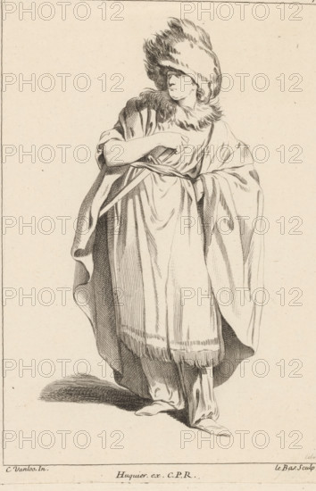 Standing figure with hand on sword, Collection of various dramatized poses, Recueil de Differentes charges Dessignée a Rome par Carloo Vanloo Peintre du Roy, print, Series number, 7, 12, Standing man with fur hat and fur collar, long cloak over a fringed robe, the right hand on a sword tucked under the belt. Gaze to the left. Numbered top right: 7. Part of a series of twelve prints with figures in dramatized poses, often dressed in 'Oriental' fantasy costumes, after drawings by Carle van Loo, made during his stay in Rome (1728-1732)., printmaker: Jacques-Philippe Le Bas, Paris, after drawing by Carle van Loo, Rome, publisher: Jacques Gabriel Huquier, grantor of privilege: French crown, 1732 - 1740, provider of privilege, paper, etching, height 235 mm x width 165 mm, actor (on the stage), head-gear (with NAME), passions, emotions, affections, characters (human types), Asiatic races and peoples (costume), A monochrome line drawing of a standing figure wearing a long flowing robe and a la...