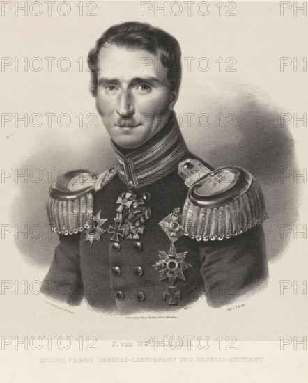 Portrait of Job von Witzleben, J. von Witzleben, print, printmaker: Emil Krafft, after drawing by Franz Krüger, printer (person): Königliches Lithographisches Institut, Berlin, publisher: Carl Gottfried Lüderitz, 1821 - 1837, printer (person), paper, lithography, height 586 mm x width 452 mm, Person, Job von Witzleben, historical persons, commander-in-chief, general, marshal, mustache, A grayscale portrait of a man shown from the chest up wearing a high-collared military uniform with ornate epaulettes and multiple decorative medals and crosses on his chest, his face is rendered with detailed shading showing short wavy hair, a narrow mustache, and a focused forward gaze, the background is softly shaded and the image has a wide light border around the central figure.