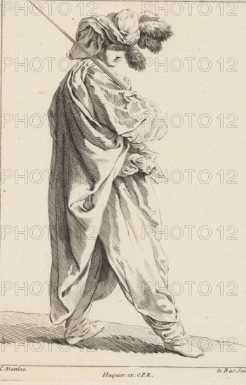 Standing figure with sword, Collection of various dramatized poses, Recueil de Differentes charges Dessignée a Rome par Carloo Vanloo Peintre du Roy, print, Series number, 12, Standing man with feathered turban, sword over the shoulder, turned to the right. Numbered top right: 12. Part of a series of twelve prints with figures in dramatized poses, often dressed in 'Oriental' fantasy costumes, after drawings by Carle van Loo, made during his stay in Rome (1728-1732)., printmaker: Jacques-Philippe Le Bas, Paris, after drawing by Carle van Loo, Rome, publisher: Jacques Gabriel Huquier, grantor of privilege: French crown, 1732 - 1740, provider of privilege, paper, etching, height 235 mm x width 165 mm, head-gear: turban, actor (on the stage), passions, emotions, affections, characters (human types), Asiatic races and peoples (costume), A tall figure shown from head to toe wears flowing, draped garments with pronounced folds and shading, a wide-brimmed hat adorned with large, fluffy plumes ...
