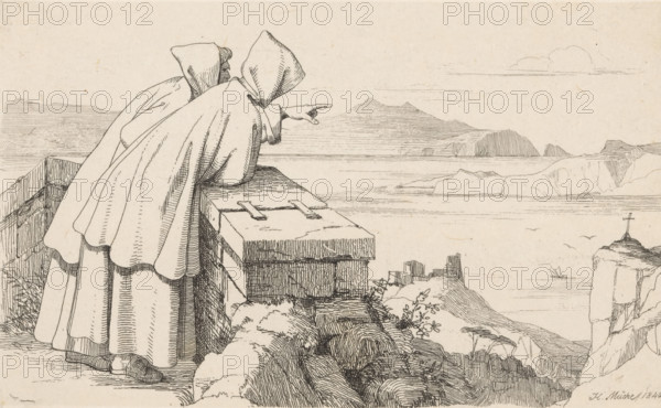 Two monks looking over the Gulf of Naples, print, Two monks looking over the Gulf of Naples towards the bend of Bajae, Capo Miseno and Ischia., number, inscription, printmaker: Heinrich Karl Anton Mücke, Germany, 1840, paper, etching, height 101 mm x width 160 mm, Two hooded figures in long cloaks lean over a stone parapet, one pointing outward toward a seascape. The cloaks have visible folds and shading lines, and the figures stand on a stone surface with part of a masonry wall beside them. Beyond them a calm sea stretches to distant, low-lined islands and rocky outcrops, with a small sailing boat on the water and a few birds in flight. In the foreground rocky terrain, tufts of vegetation, and stacked stones appear near the edge of the cliff, and a cross stands atop a distant rocky promontory. The scene is rendered in fine pen lines on a light background.