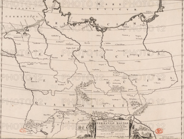 Historical map of Germany, Claudii Ptolemaei tabula Germaniae Magnae, print, map, history print, Map of areas in Germany in Roman times. Bottom right cartouche with title, surrounded by Germanic warriors (possibly including a Batavian and a Frisian). Scale stick in cartouche: Scala gradus unius and Millia passum. The map features a coordinate grid and a degree scale along the left and right edges., printmaker: Jan Luyken, Amsterdam, writer (clerical worker): Menso Alting, 1697 - 1700, 1725, writer (clerical worker), paper, engraving, etching, height 317 mm x width 420 mm, Part of 16 maps of the land of the Batavians and the Frisians first produced for and included in Alting, Menso. Descriptio, secundum antiquos, agri Batavi & Frisii. 2 volumes. Amsterdam: Henricus Wetstein, 1697-1700. Reused in Halma, François. Tooneel der Vereenigde Nederlanden, en onderhorige landschaps, 2 volumes. Leeuwarden: Hendrik Halma, 1725. This map was used in Halma's Tooneel der Vereenigde Nederlanden (1725)...