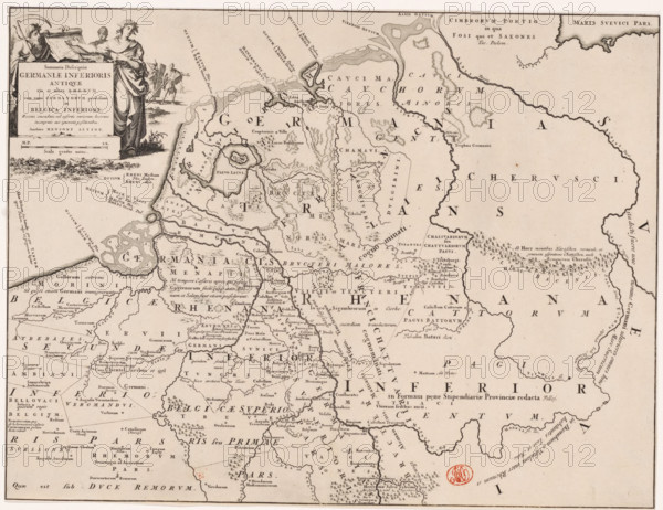 Historical map of the Netherlands with the territories of the Batavians and Frisians, Summaria descriptio Germaniae Inferioris antiquae, print, map, historical print, Map of territories in the Netherlands and surrounding countries in the Roman period. Top left cartouche with title, various figures depicted around the cartouche, including a personification of time, in the background two Germanic warriors (possibly a Batavian and a Frisian). Scale bar under cartouche: Scala gradus unius., printmaker: Jan Luyken, Amsterdam, writer (clerical worker): Menso Alting, 1697 - 1700, 1725, writer (clerical worker), paper, engraving, etching, height 317 mm x width 420 mm, Part of 16 maps of the land of the Batavians and the Frisians first produced for and included in Alting, Menso. Descriptio, secundum antiquos, agri Batavi & Frisii. 2 volumes. Amsterdam: Henricus Wetstein, 1697-1700. Reused in Halma, François. Tooneel der Vereenigde Nederlanden, en onderhorige landschaps, 2 volumes. Leeuwarden: H...