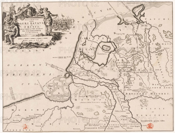 Descriptio veteris agri Batavi et Frisii, Historical map of the Netherlands with the territories of the Batavians and Frisians, print, map, historical print, Top left cartouche with title, surrounded by depicted weapons and Germanic warriors (possibly Batavians and Frisians), in the background a battle scene. Scale bar below cartouche: Dodrans gradus seu MP XLV., printmaker: Jan Luyken, Netherlands, writer (clerical worker): Menso Alting, 1697 - 1700, 1725, writer (clerical worker), paper, engraving, etching, height 319 mm x width 420 mm, Part of 16 maps of the land of the Batavians and Frisians first produced for and included in Alting, Menso. Descriptio, secundum antiquos, agri Batavi & Frisii. 2 volumes. Amsterdam: Henricus Wetstein, 1697-1700. Reused in Halma, François. Tooneel der Vereenigde Nederlanden, en onderhorige landschaps, 2 volumes. Leeuwarden: Hendrik Halma, 1725. This map was used in Halma's Tooneel der Vereenigde Nederlanden (1725) and is likely to be found in volume 1...