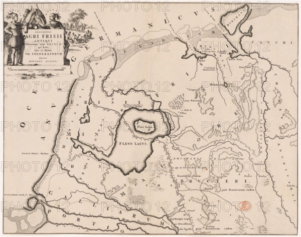 Descriptio agri Frisii Antiqui, Historical map of the Netherlands with the territories of the Batavians and Frisians, print, map, historical print, Map of the Frisian territories in the Roman period. Top left cartouche with title, surrounded by coats of arms and Frisian tribal leaders Verritus and Malorix depicted, warriors in the background. Scale bar below cartouche: Semis gradus., printmaker: Jan Luyken, Netherlands, writer (clerical worker): Menso Alting, 1697 - 1700, 1725, writer (clerical worker), paper, engraving, etching, height 329 mm x width 420 mm, Part of 16 maps of the land of the Batavians and the Frisians first produced for and included in Alting, Menso. Descriptio, secundum antiquos, agri Batavi & Frisii. 2 volumes. Amsterdam: Henricus Wetstein, 1697-1700. Reused in Halma, François. Tooneel der Vereenigde Nederlanden, en onderhorige landschaps, 2 volumes. Leeuwarden: Hendrik Halma, 1725. This map was used in Halma's Tooneel der Vereenigde Nederlanden (1725) and, accordi...