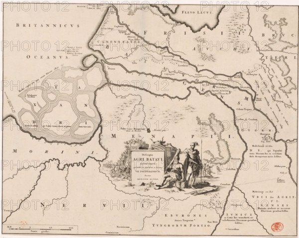 Historical map of the Netherlands with the territories of the Batavians and Frisians, Descriptio agri Batavi, print, map, historical print, Map of the Batavian territories in the Roman period. In the center a cartouche with title, next to it two Germanic warriors depicted (possibly a Batavian and a Frisian), in the background a battle scene. Lower left scale bar: Semis gradus., printmaker: Jan Luyken, Netherlands, writer (clerical worker): Menso Alting, 1697 - 1700, 1725, writer (clerical worker), paper, engraving, etching, etching and engraving, height 331 mm x width 420 mm, Part of 16 maps of the land of the Batavians and the Frisians first produced for and included in Alting, Menso. Descriptio, secundum antiquos, agri Batavi & Frisii. 2 volumes. Amsterdam: Henricus Wetstein, 1697-1700. Reused in Halma, François. Tooneel der Vereenigde Nederlanden, en onderhorige landschaps, 2 volumes. Leeuwarden: Hendrik Halma, 1725. This map was used in Halma's Tooneel der Vereenigde Nederlanden (1...