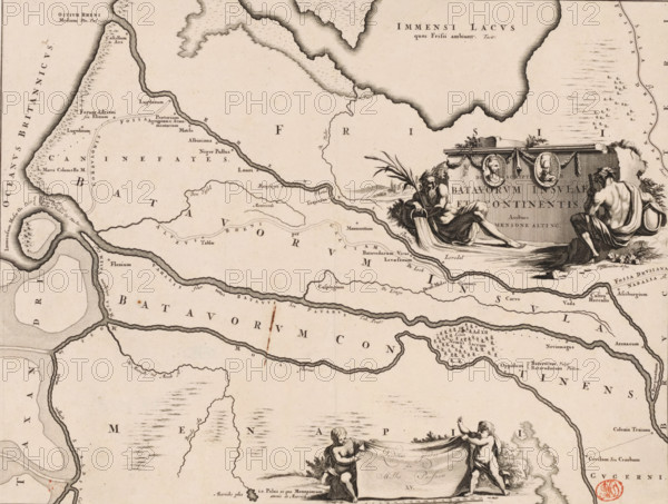 Descriptio Batavorum insulae et continentis, Historical map of the Netherlands with the areas of the Batavians and Frisians, print, map, history print, Map of Batavian and Frisian areas in Roman times. Right cartouche with two river gods, title and portraits of Cananefate leader Brinio and Batavian leader Claudius Civilis. At the bottom of the scale bar with two putti: Quadrans gradus seu millia passum XV., printmaker: Jan Goeree, Netherlands, writer (clerical worker): Menso Alting, 1697 - 1700, 1725, writer (clerical worker), paper, engraving, etching, height 317 mm x width 420 mm, Part of 16 maps of the land of the Batavians and the Frisians first produced for and included in Alting, Menso. Descriptio, secundum antiquos, agri Batavi & Frisii. 2 volumes. Amsterdam: Henricus Wetstein, 1697-1700. Reused in Halma, François. Tooneel der Vereenigde Nederlanden, en onderhorige landschaps, 2 volumes. Leeuwarden: Hendrik Halma, 1725. This map was used in Halma's Tooneel der Vereenigde Nederla...