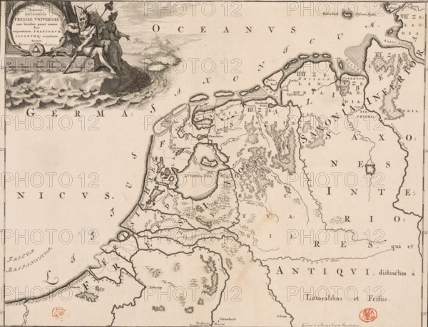 Historical map of the Netherlands with the territories of the Batavians and Frisians, Summaria descriptio Fresiae universae, print, map, historical print, Map of the Batavian and Frisian territories in the Netherlands and Germany in the Roman period. Top left cartouche with title. Next to the title sits a male figure with a crown with two horns; in one hand he carries a commander's staff, in the other a lance upon which hangs the Phrygian cap. In the background stands a woman with a sheaf of corn (possibly Ceres). Scale bar below cartouche: As gradus. A degree scale on the left and right margins., printmaker: Gerrit de Broen (I), Amsterdam, writer (clerical worker): Menso Alting, 1697 - 1700, 1725, Gerrit de Broen (I), Menso Alting, printmaker, writer (clerical worker), paper, engraving, etching, height 322 mm x width 418 mm, Part of 16 maps of the land of the Batavians and the Frisians first produced for and included in Alting, Menso. Descriptio, secundum antiquos, agri Batavi & Frisi...
