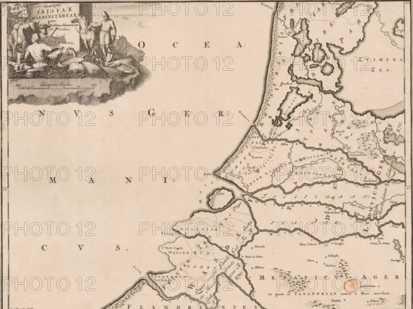Descriptio Frisiae haereditariae inter Scaldim et Kinnemum sub Carolinis, Historical map of the Netherlands with the territories of the Batavians and Frisians, print, map, historical print, Map of the Frisian territories in the western Netherlands in the Roman period. Top left cartouche with title, surrounded by farmers, cattle, agricultural tools, and sheaves of corn. Scale bar below cartouche: Quincunx gradus. Degree division along left and right edges., printmaker: Gerrit de Broen (I), Amsterdam, printmaker: Joseph Mulder, 1697 - 1700, 1725, paper, engraving, etching, etching and gravure, height 317 mm x width 420 mm, Part of 16 maps of the land of the Batavians and the Frisians first produced for and included in Alting, Menso. Descriptio, secundum antiquos, agri Batavi & Frisii. 2 volumes. Amsterdam: Henricus Wetstein, 1697-1700. Reused in Halma, François. Tooneel der Vereenigde Nederlanden, en onderhorige landschaps, 2 volumes. Leeuwarden: Hendrik Halma, 1725. This map was used in...