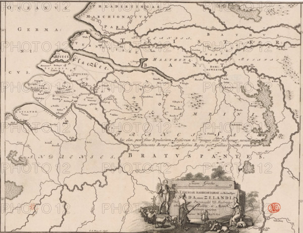 Historical map of the Netherlands with the territories of the Batavians and Frisians, Pars I Frisiae haereditariae cis Mosam quae Wasda, nunc Zelandia, print, map, historieprent, Map of the Frisian territories in the southern Netherlands in Roman times. Lower right cartouche with title, surrounded by images of shepherds with a flock of sheep. Scale bar above cartouche: Triens gradus. Degree division along left and right edges., printmaker: Gerrit de Broen (I), Amsterdam, printmaker: Joseph Mulder, writer (clerical worker): Menso Alting, 1697 - 1700, 1725, writer (clerical worker), paper, engraving, etching, height 324 mm x width 420 mm, Part of 16 maps of the land of the Batavians and the Frisians first produced for and included in Alting, Menso. Descriptio, secundum antiquos, agri Batavi & Frisii. 2 volumes. Amsterdam: Henricus Wetstein, 1697-1700. Reused in Halma, François. Tooneel der Vereenigde Nederlanden, en onderhorige landschaps, 2 volumes. Leeuwarden: Hendrik Halma, 1725. This...