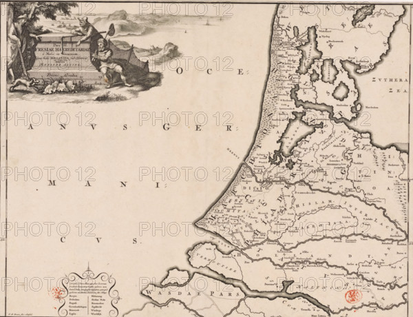 Pars II Fresiae haereditariae, Historical map of the Netherlands with the territories of the Batavians and Frisians, print, map, historical print, Map of the Frisian territories in the western Netherlands in the Roman period. In the upper left, a cartouche with the title, surrounded by a hunter, a farmer, and a fisherman. Scale bar below the cartouche: Triens gradus. In the lower left, a cartouche with a number of old places that are not depicted on the map because their exact location could no longer be determined. Degree division along left and right edges., printmaker: Gerrit de Broen (I), Amsterdam, writer (clerical worker): Menso Alting, 1697 - 1700, 1725, writer (clerical worker), paper, engraving, etching, height 317 mm x width 417 mm, Part of 16 maps of the land of the Batavians and the Frisians first produced for and included in Alting, Menso. Descriptio, secundum antiquos, agri Batavi & Frisii. 2 volumes. Amsterdam: Henricus Wetstein, 1697-1700. Reused in Halma, François. Too...